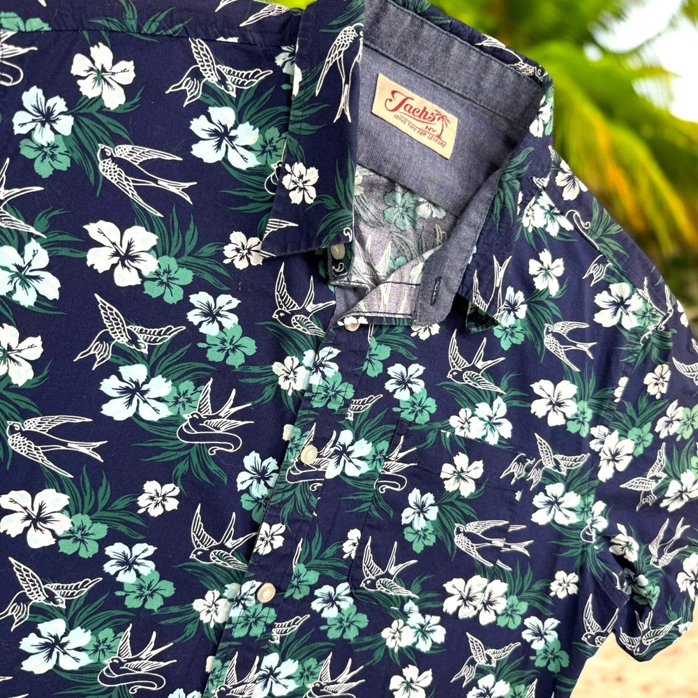 Jachs NY Button Up Shirt Mens Medium Navy Floral Bird Print Hawaiian Sailor